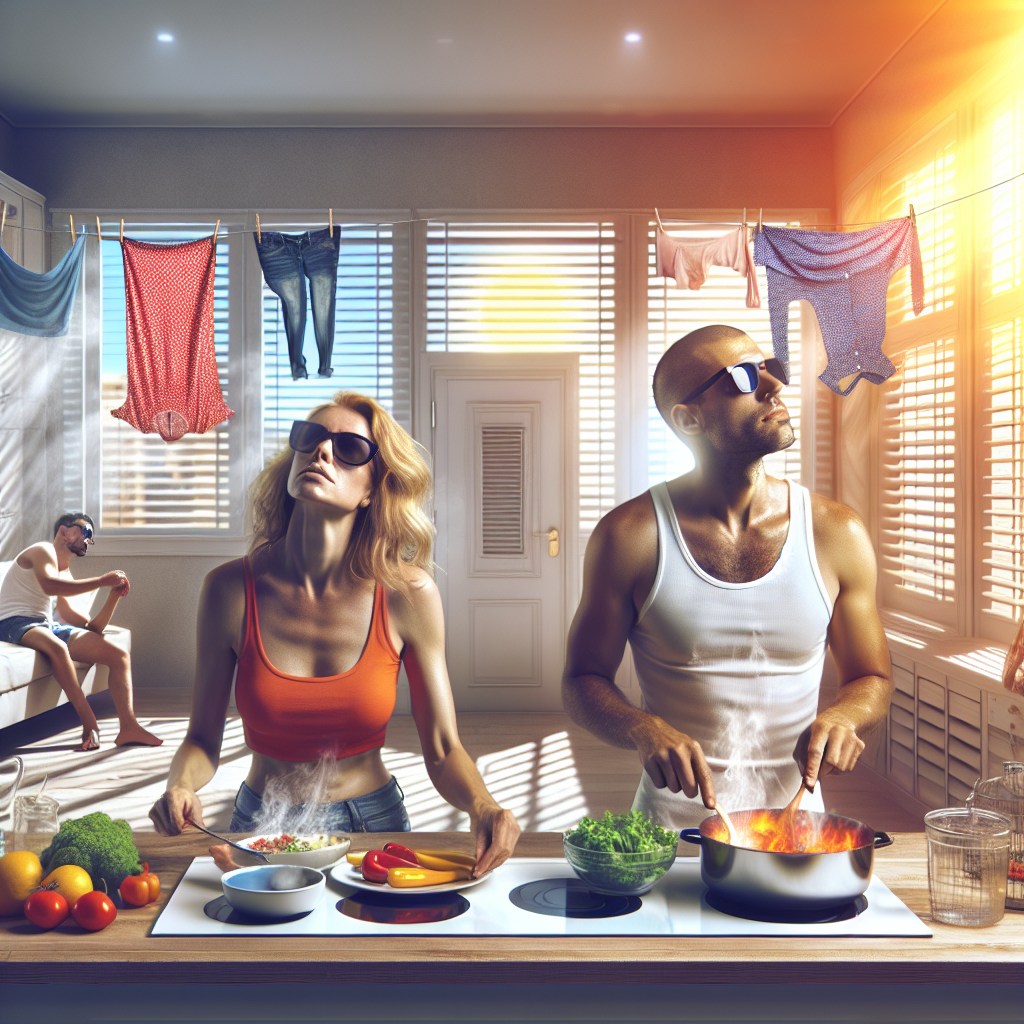Une famille dans une cuisine par une journée estivale, évitant l'utilisation d'appareils électroménagers comme le four et mangeant des repas froids. Une scène montre aussi du linge séchant naturellement à l'extérieur.