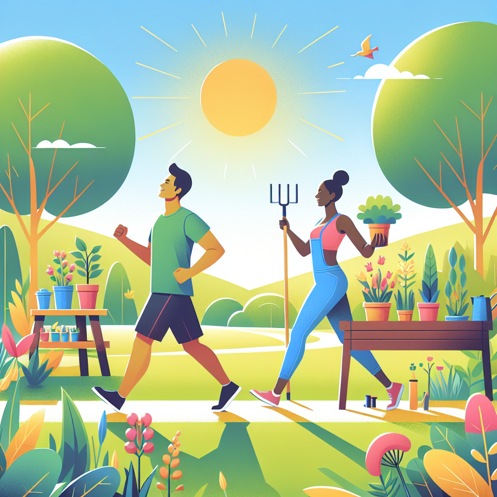 Personnes pratiquant des activités physiques simples comme marcher et jardiner dans un environnement extérieur agréable.