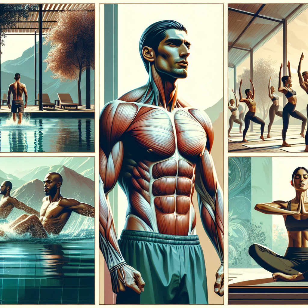 Une personne nageant dans une piscine, des personnes faisant de l'aérobic et une personne pratiquant le yoga avec des postures d'ouverture du cœur et de torsion pour tonifier et réduire la poitrine.