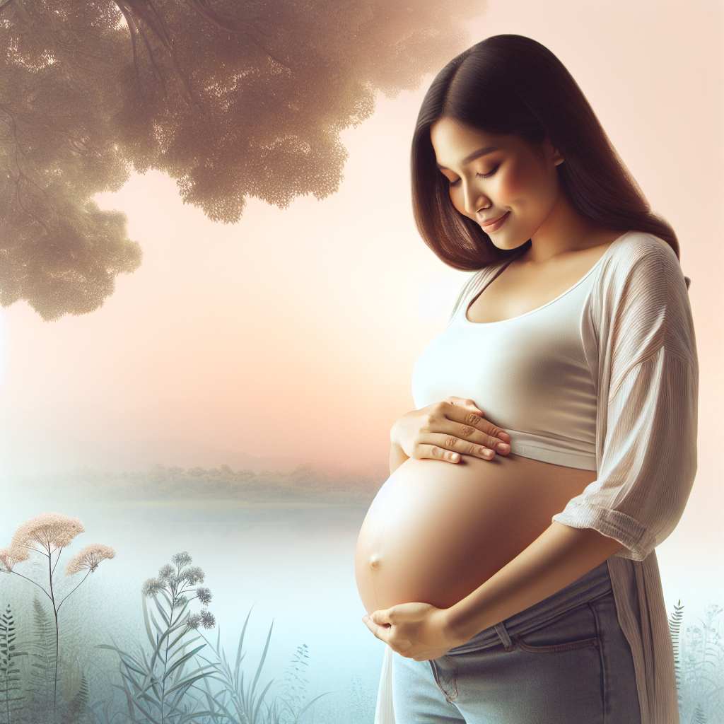 Une femme enceinte tenant son ventre, montrant une prise de poids significative. L'arrière-plan comprend des couleurs douces et la nature pour évoquer une atmosphère calme et nourricière.