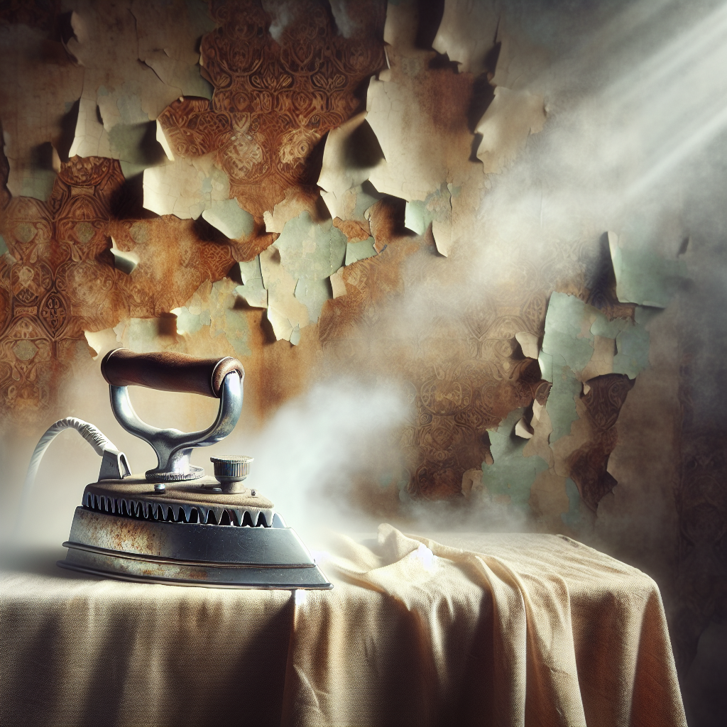 Un fer à repasser vintage produisant de la vapeur sur une serviette humide, avec en arrière-plan du papier peint ancien en cours de décollage.