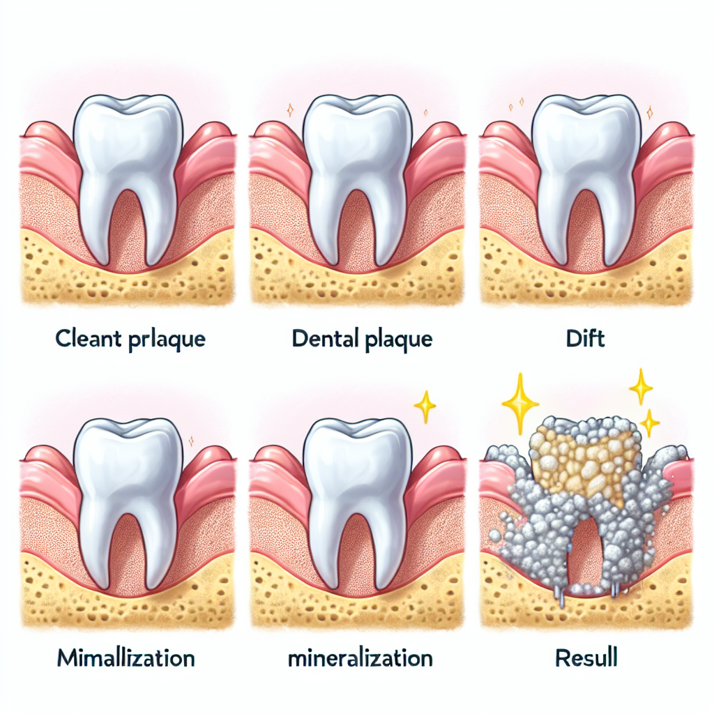 Illustration montrant la formation du tartre sur des dents, avec diverses étapes de l'apparition de la plaque dentaire jusqu'au dépôt dur de tartre.