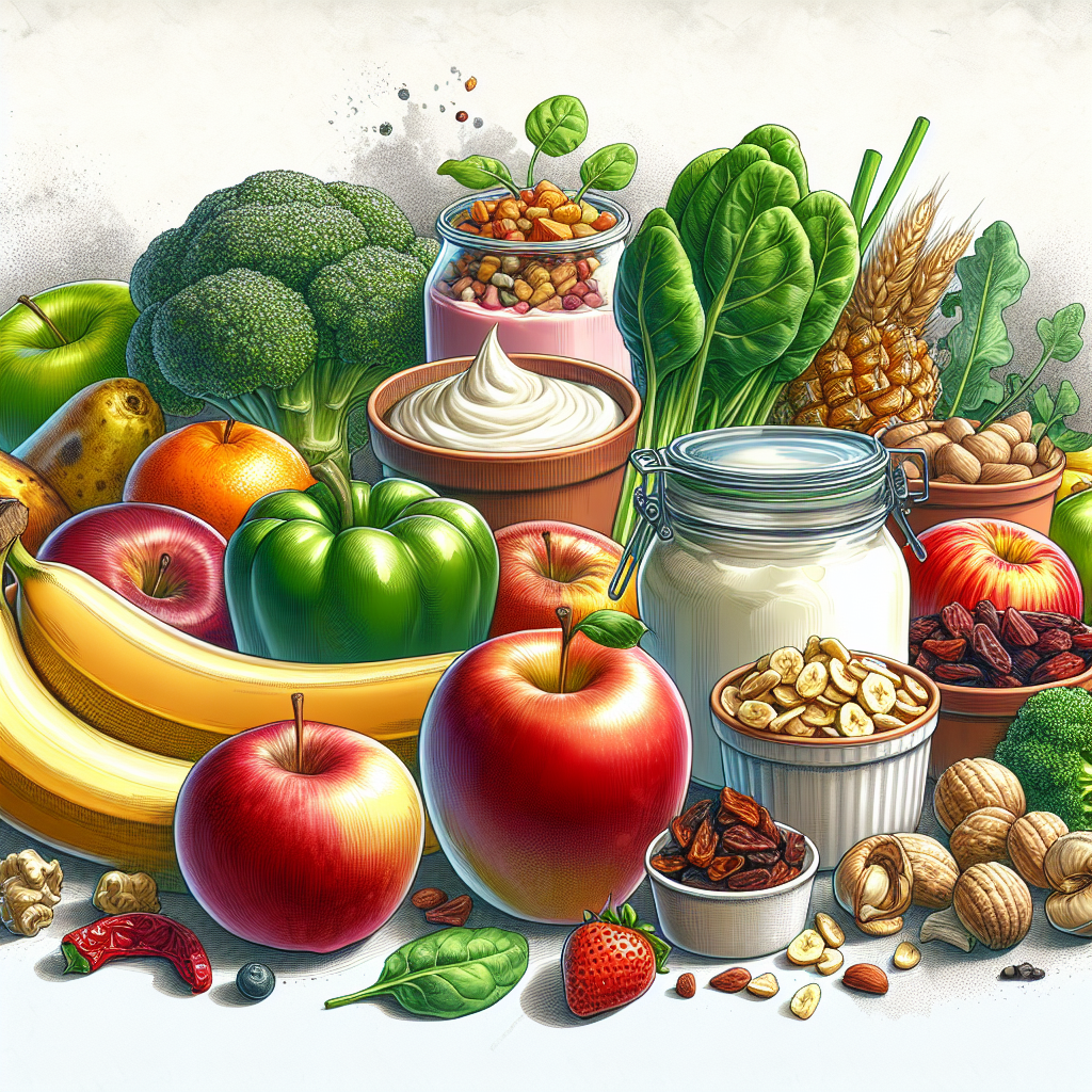 Une variété colorée de fruits et légumes, incluant des brocolis, épinards, pommes et bananes, avec en arrière-plan des fruits secs et des yaourts naturels, représentant un mode de vie sain.