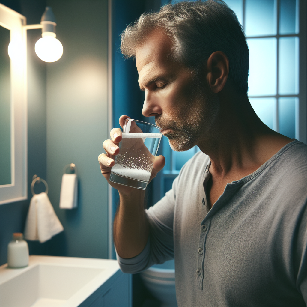 Une personne se gargarise avec de l'eau salée dans un verre, dans une salle de bain calme.