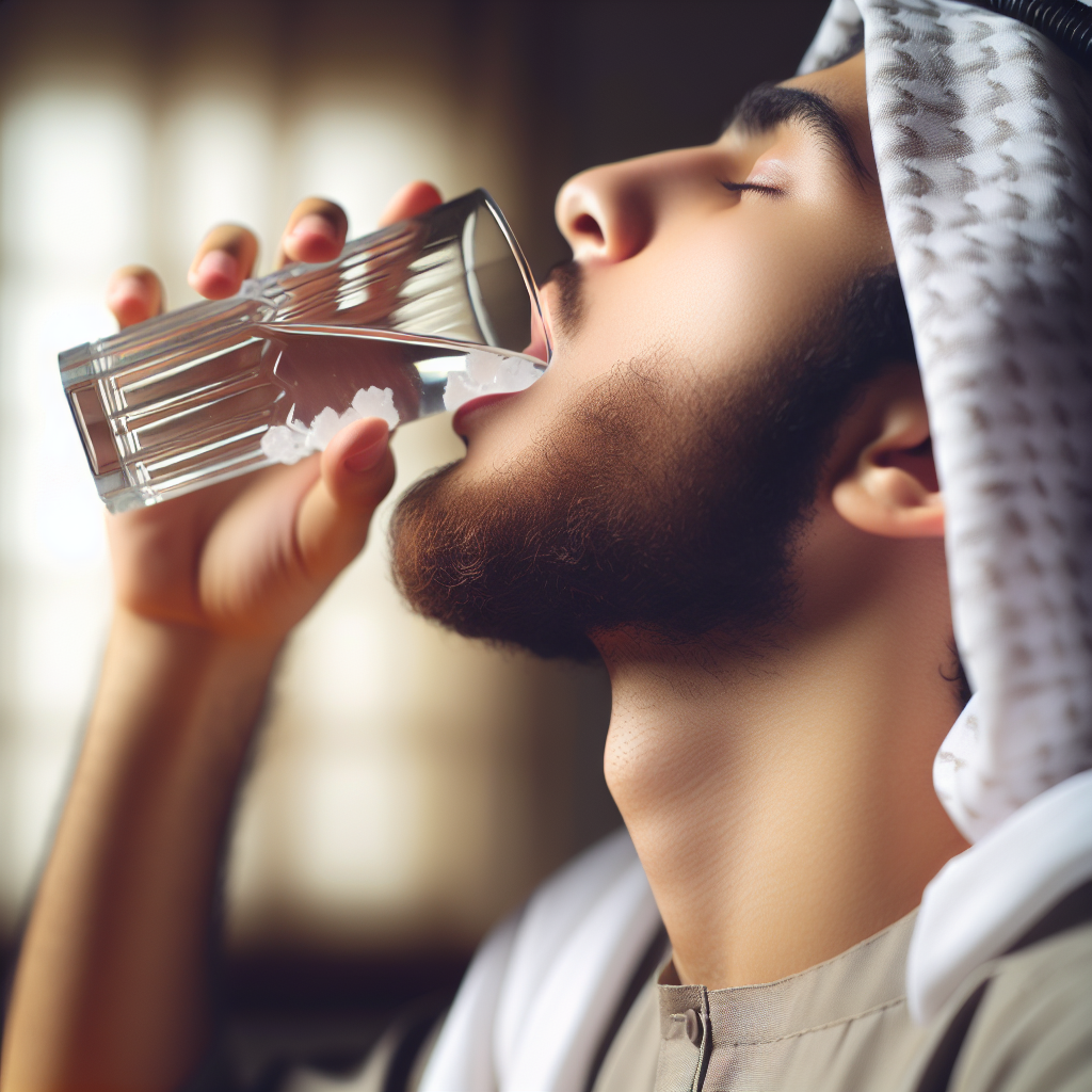 Une personne faisant un gargarisme avec de l'eau salée tiède dans un verre, quelques grains de sel visibles.