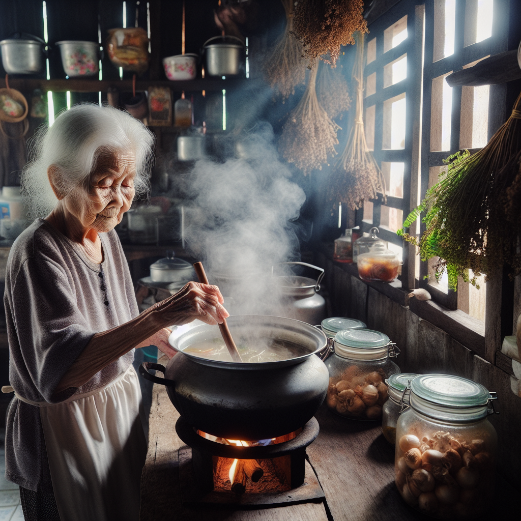 Une grand-mère âgée remuant une marmite de bouillon d'os fait maison sur un poêle en bois rustique, avec des herbes suspendues et des pots d'épices sur des étagères.