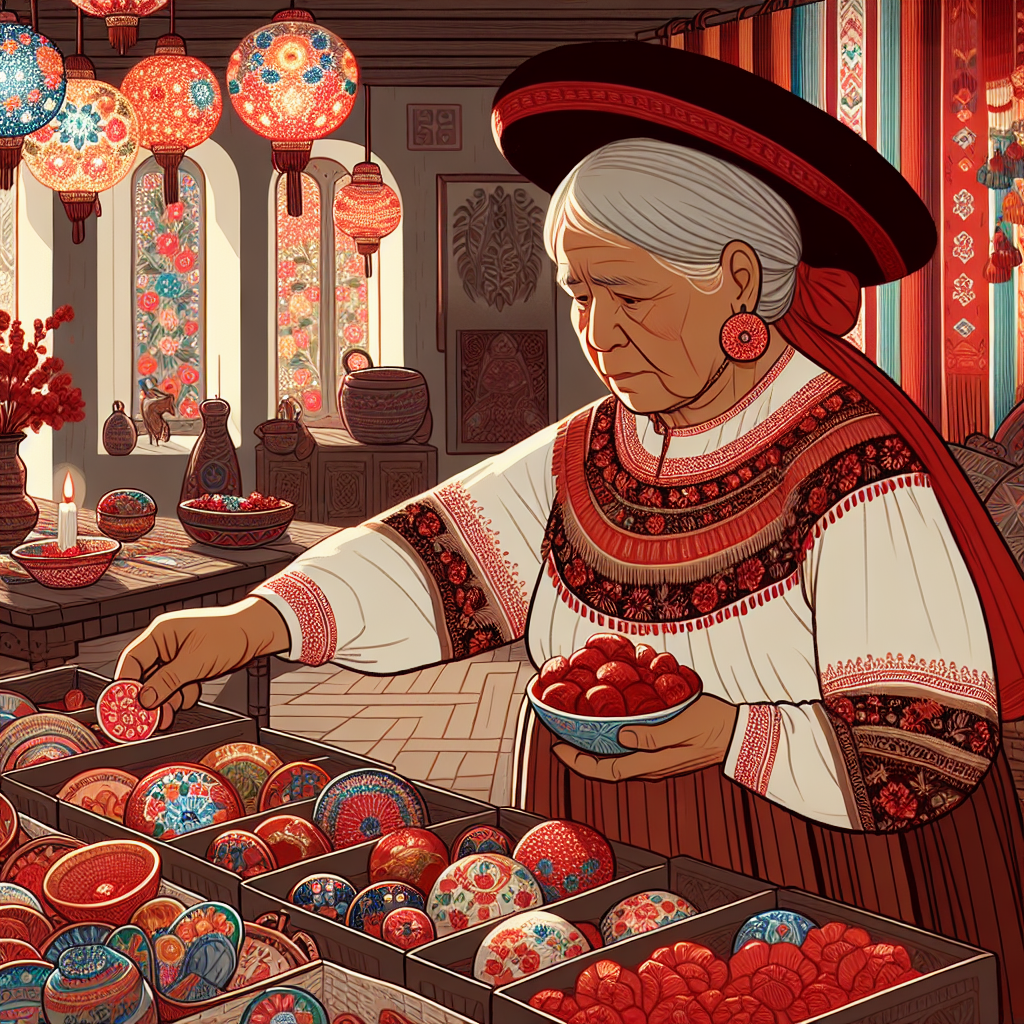 Une grand-mère en tenue traditionnelle choisissant des objets décoratifs pour une pièce, mettant en valeur différentes couleurs avec une touche de rouge symbolisant la richesse et la chance.
