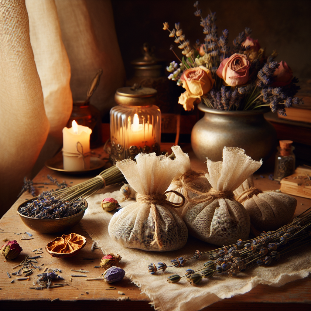 Scène rustique et chaleureuse montrant des sachets en mousseline remplis d'herbes séchées et de fleurs conservées telles que la lavande, le romarin et les pétales de rose.
