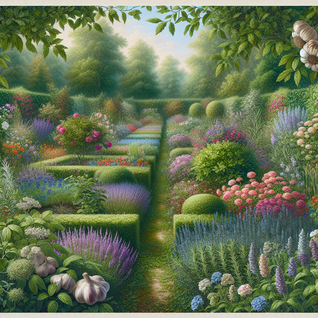 Un beau jardin avec des bordures d'ail, de romarin et de lavande, créant une barrière naturelle contre les limaces. Le jardin est coloré et rempli de fleurs et d'herbes.