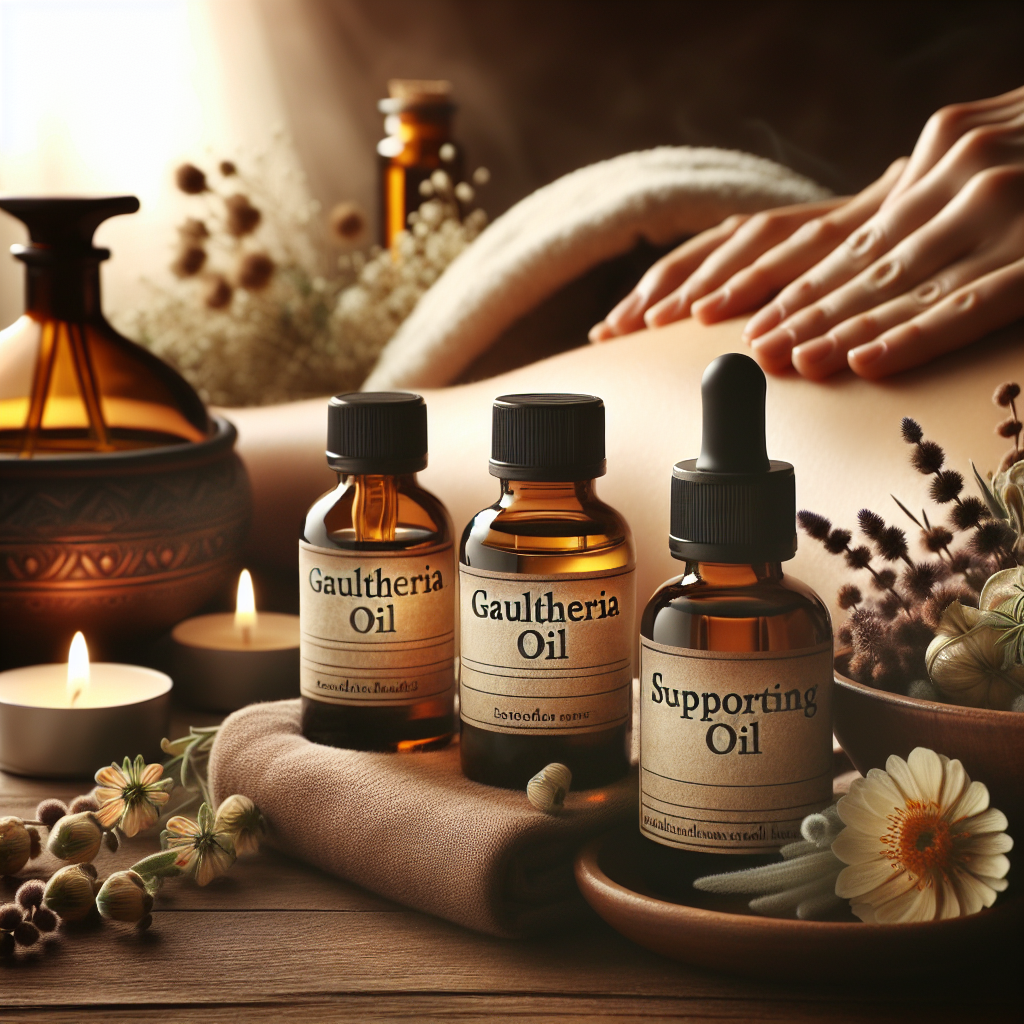 Bouteilles d'huiles essentielles avec de l'huile de gaulthérie et une huile porteuse, montrant un massage apaisant sur une zone affectée.