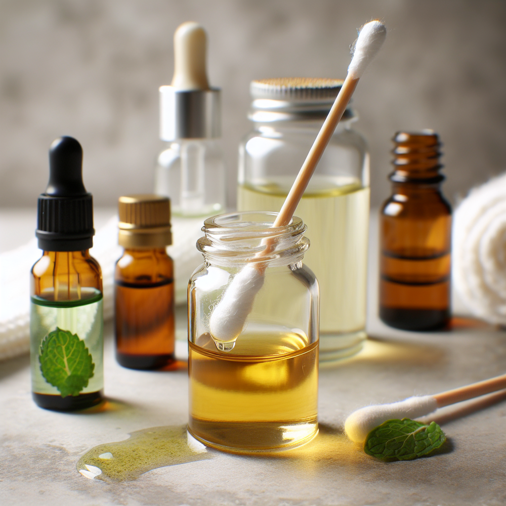 Des huiles essentielles comme l'huile de menthe poivrée et l'huile d'arbre à thé, avec une petite bouteille d'huile d'olive. Un coton-tige trempé dans le mélange d'huiles, prêt à être appliqué.