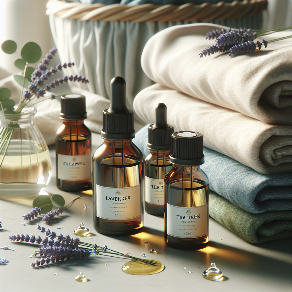 Bouteilles d'huiles essentielles (lavande, eucalyptus, arbre à thé) et linge fraîchement plié.