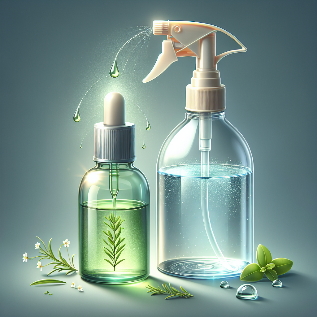 Bouteille d'huile essentielle d'arbre à thé à côté d'un mélange de vinaigre et d'eau dans un pulvérisateur, avec des gouttes ajoutées de la bouteille d'huile essentielle.