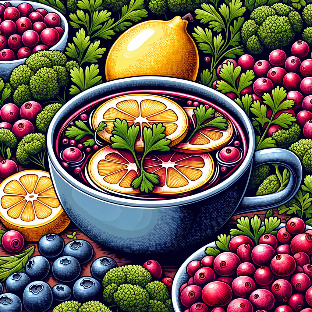 Illustration montrant une infusion de persil et de citron accompagnée de baies comme des canneberges et des myrtilles, représentant des aliments bénéfiques pour les reins.
