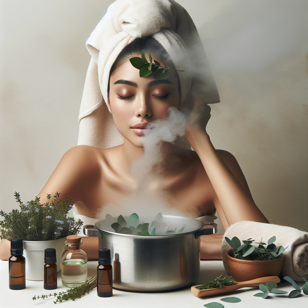 Une personne inhalant de la vapeur avec des feuilles d'eucalyptus, du thym et des flacons d'huiles essentielles près d'une casserole d'eau bouillante. La personne se couvre la tête avec une serviette et la vapeur est visible.