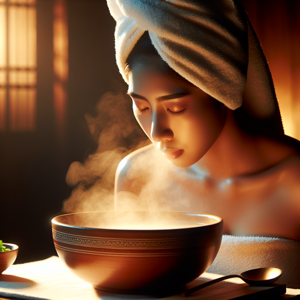 Personne inhalant de la vapeur d'un bol d'eau chaude, avec une serviette sur la tête.
