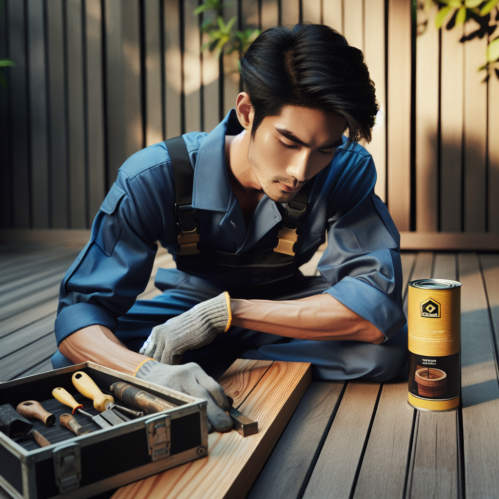 Personne inspectant une terrasse en bois, vérifiant les planches endommagées ou pourries avec des outils et une boîte d'huile pour bois à côté.
