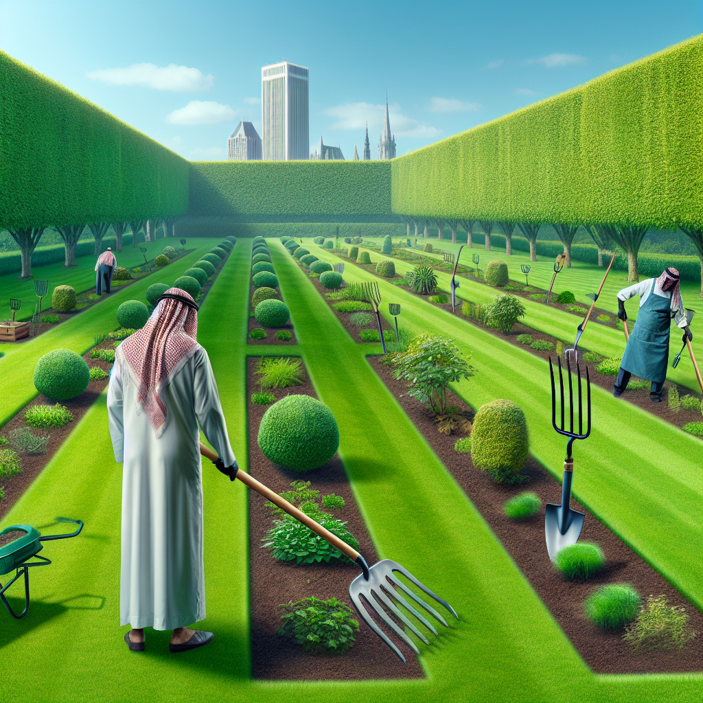 Un jardin bien entretenu avec une pelouse soignée et des outils de jardinage variés pour gérer les taupes.