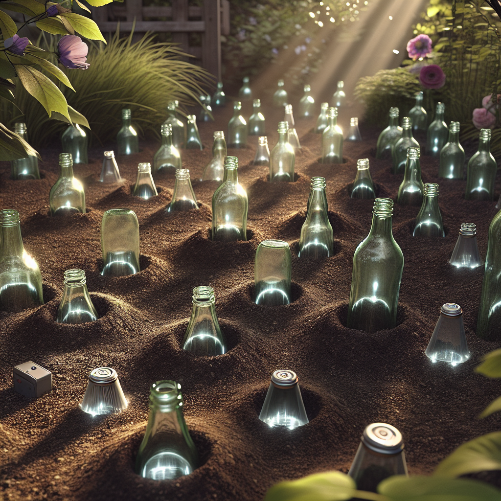Des bouteilles en verre enfoncées dans le sol et des dispositifs électroniques pour éloigner les taupes dans un jardin.