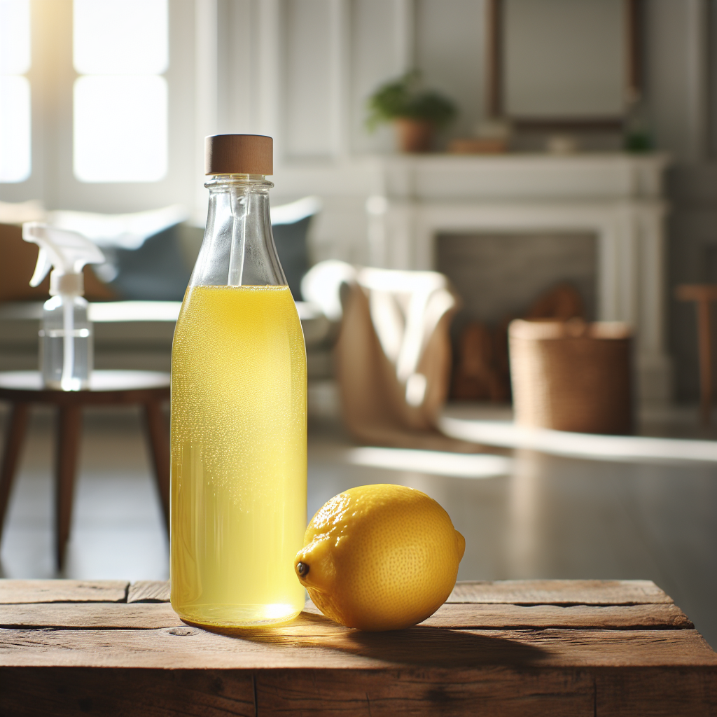 Bouteille de jus de citron à côté d'un vaporisateur, entourée de citrons frais sur une table en bois, avec une pièce en arrière-plan paraissant fraîche et propre.