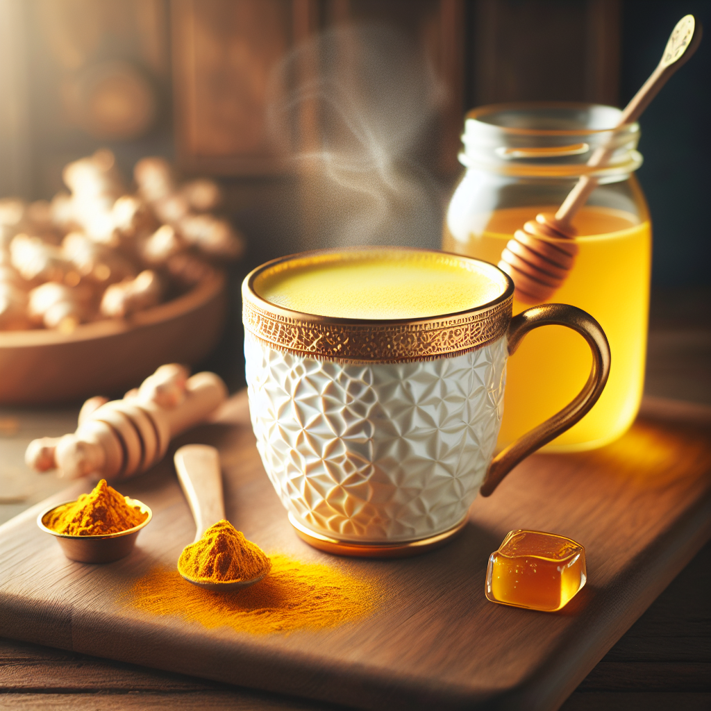 Une tasse de lait doré au curcuma avec une cuillère de curcuma en poudre à côté et un pot de miel. La boisson a l'air apaisante et délicieuse, servie dans une cuisine confortable.