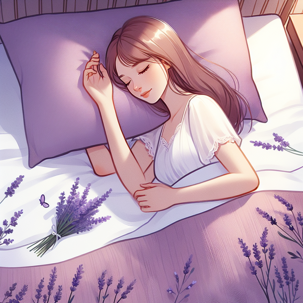 Une chambre douillette avec un oreiller rempli de lavande sous la tête d'une personne endormie. La pièce est doucement éclairée et il y a des fleurs de lavande dispersées sur le lit.