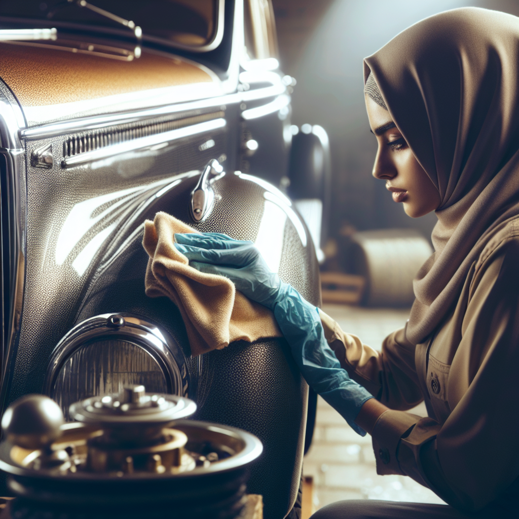 Personne polissant les parties métalliques d'une voiture avec un chiffon et de l'huile d'olive, donnant un aspect brillant et protégé contre la rouille.