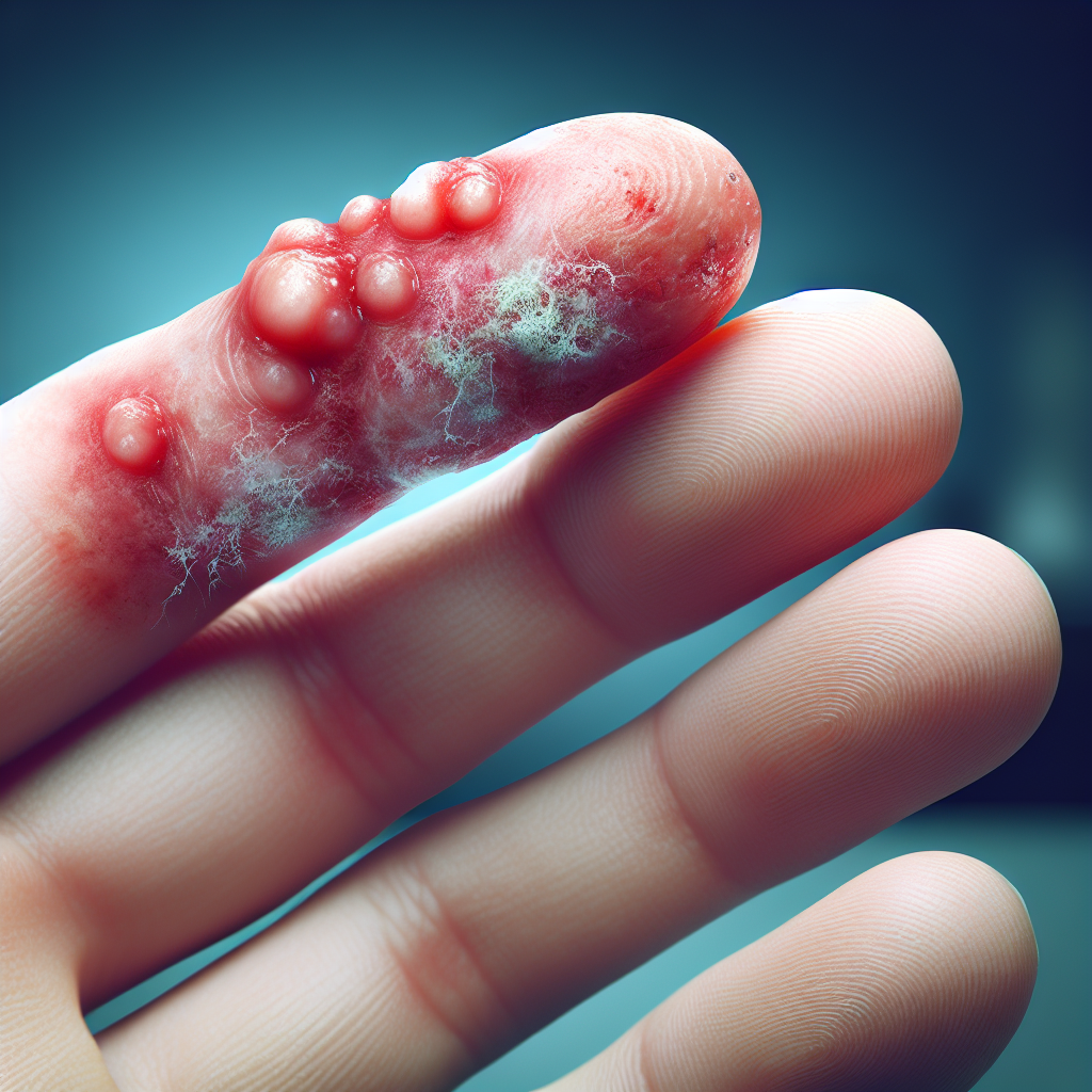 Gros plan sur un doigt avec une infection bactérienne, montrant rougeur, gonflement et pus.