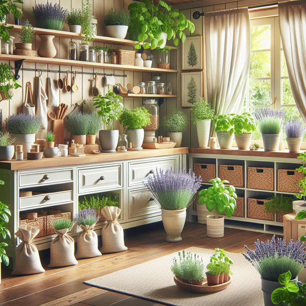 Intérieur de maison décoré avec des plantes et des herbes. Des sachets de lavande sont placés dans les placards et les tiroirs, et des pots de menthe et de basilic frais sont sur les rebords de fenêtres et dans la cuisine.