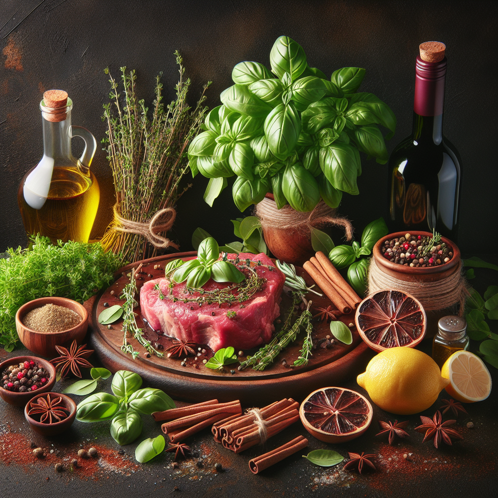 Ingrédients de marinade incluant du vin, de l'huile d'olive, des herbes, des épices et des tranches de citron autour d'un morceau de viande crue.