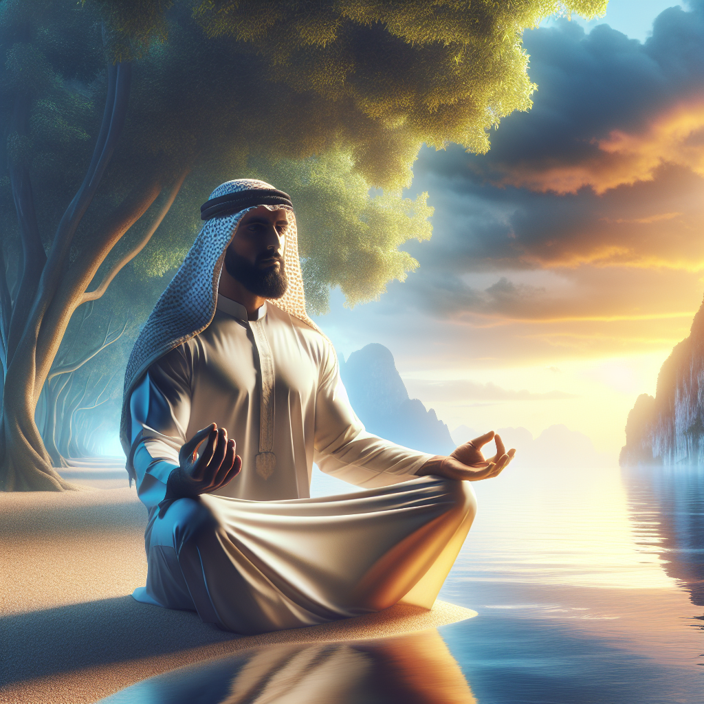 Une personne pratique la meditation ou le yoga dans un cadre naturel serein, representant le calme et la serenite.