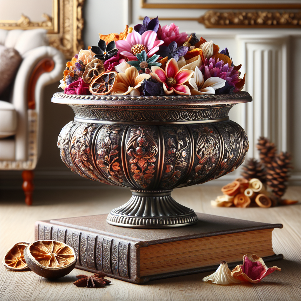 Un mélange de fleurs séchées, d'écorces de fruits et d'herbes aromatiques disposé dans un joli récipient pour créer un pot-pourri décoratif et parfumé.