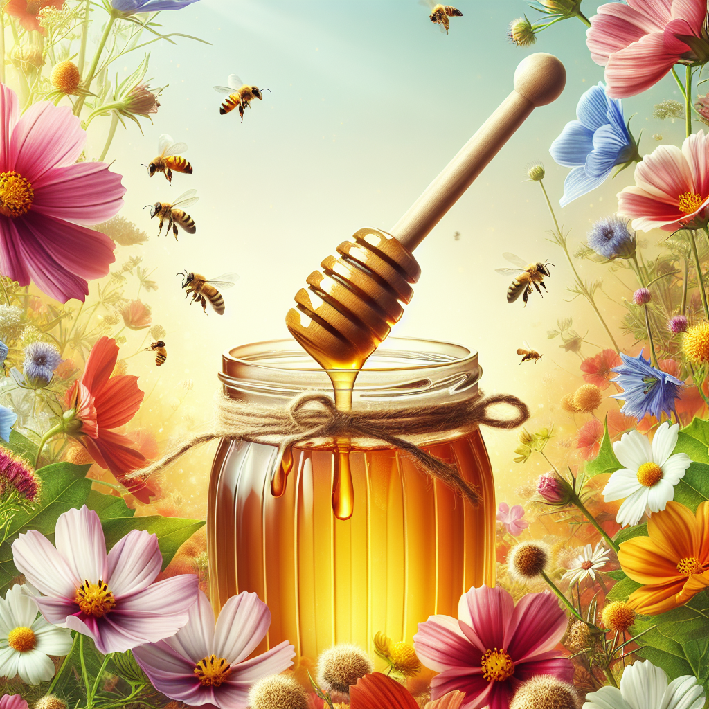 Un pot de miel local avec une cuillère en bois, entouré de fleurs en pleine floraison et quelques abeilles.
