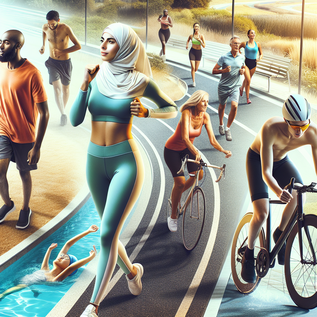 Des personnes pratiquant des activités physiques comme la marche rapide, la course, le vélo ou la natation, illustrant un mode de vie actif.