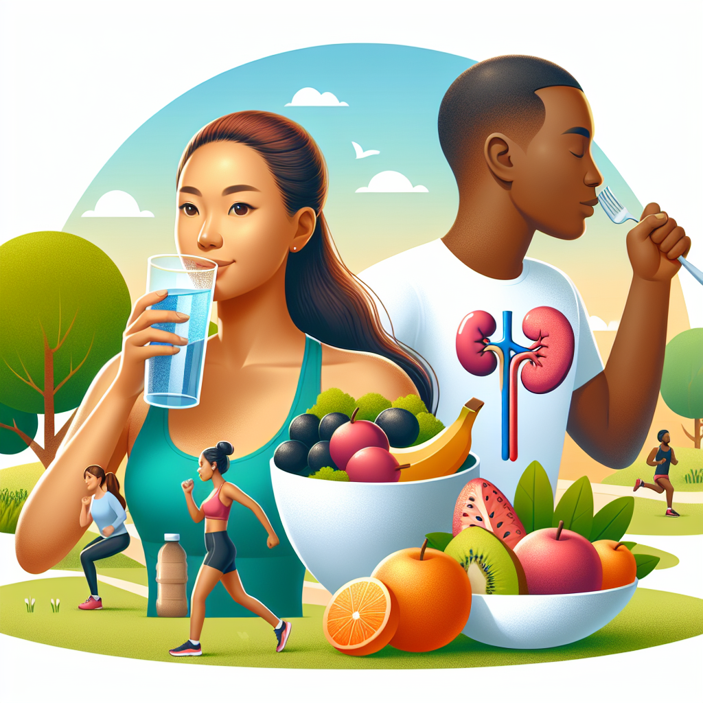 Une personne adoptant un mode de vie sain, buvant de l'eau, mangeant des fruits et légumes frais et faisant de l'exercice physique comme du jogging ou du yoga.