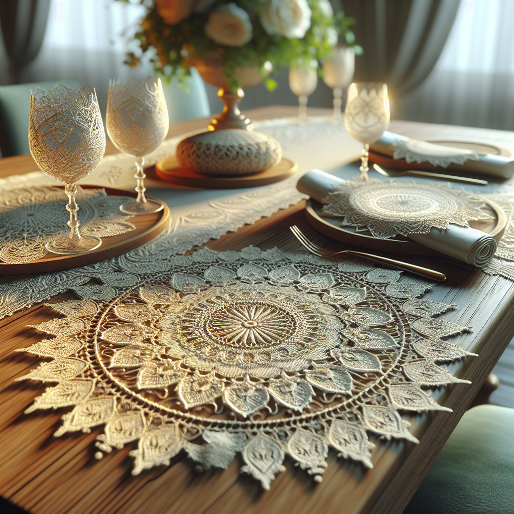 Des napperons élégants, fabriqués à partir de fils délicats, placés sur une table en bois. Les napperons sont amidonnés pour maintenir leur forme et éviter les plis.