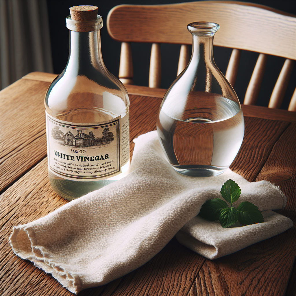 Nettoyage d'un meuble en bois avec du vinaigre blanc et un chiffon propre.