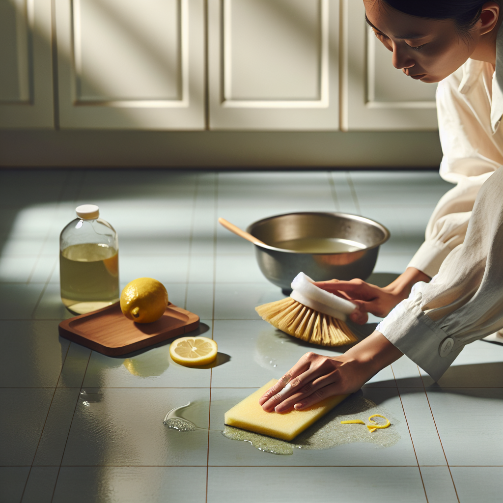 Une personne nettoyant du lino jauni avec un mélange naturel de jus de citron et de bicarbonate de soude.