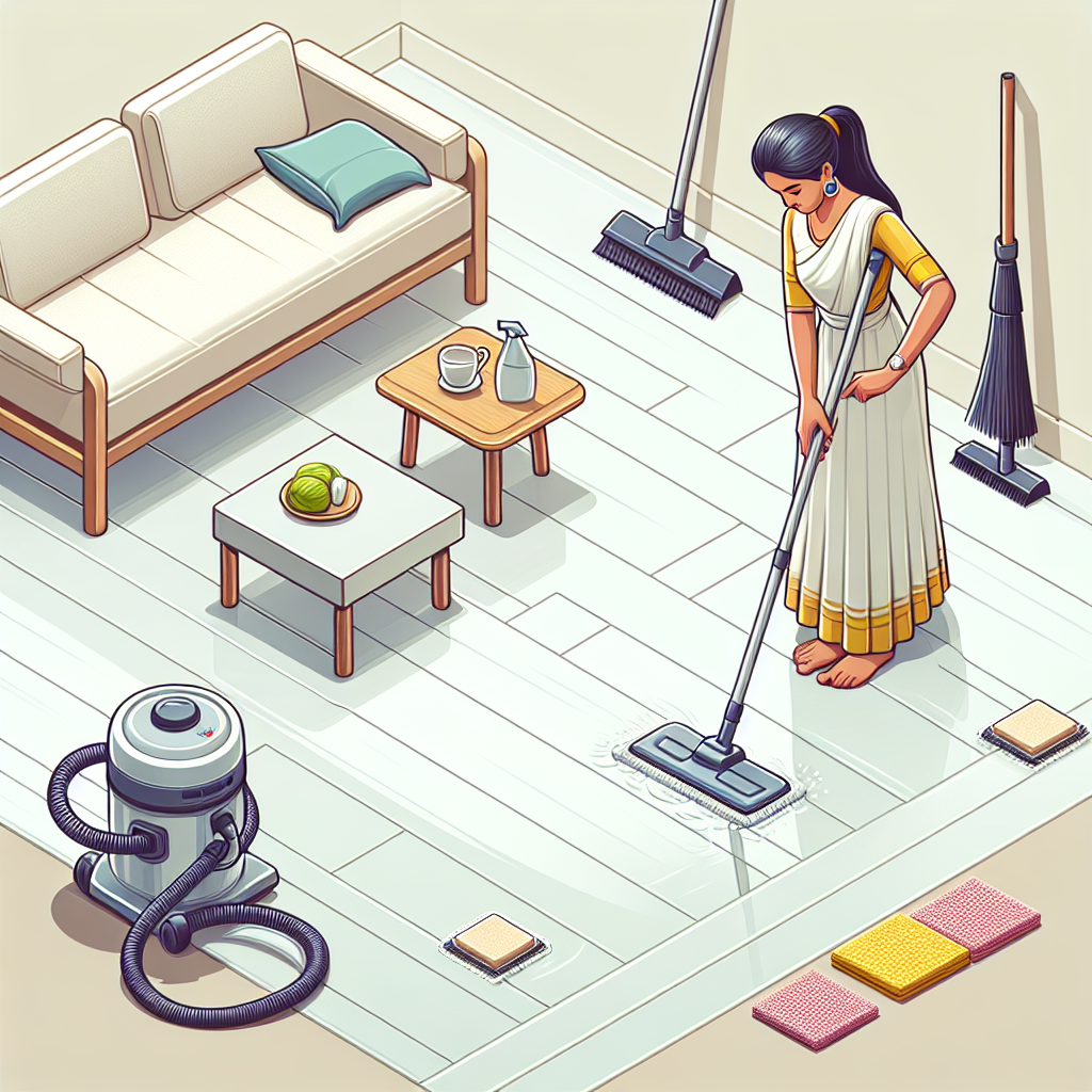 Personne nettoyant un sol en lino avec une serpillère, aspirateur et balai à côté, meubles avec patins pour éviter les rayures