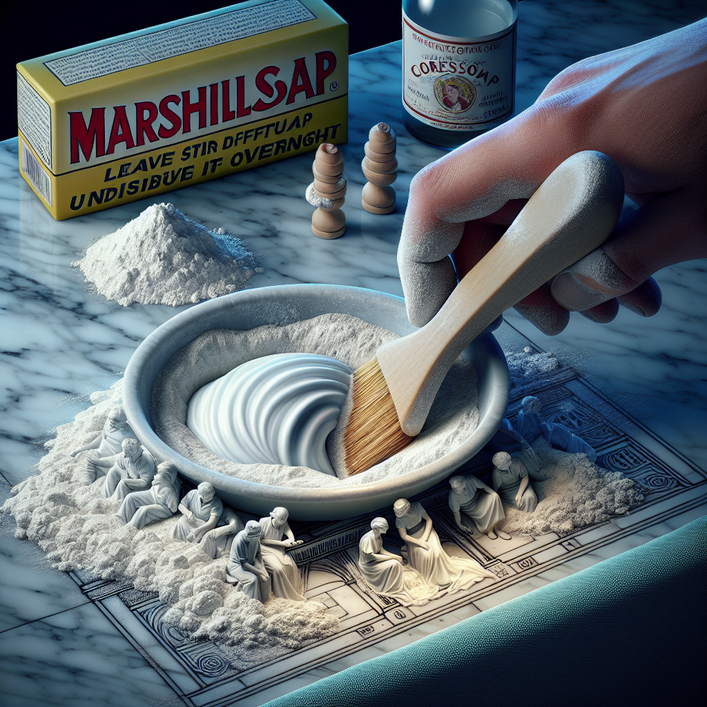 Application d'une pâte de farine et de savon de Marseille sur une tache incrustée sur du marbre