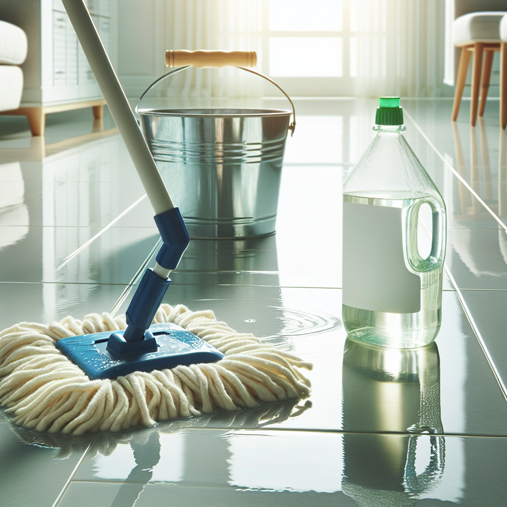 Un sol en linoléum brillant et propre est nettoyé avec une serpillière bien essorée. Une bouteille de vinaigre blanc et un seau rempli d'eau sont visibles.