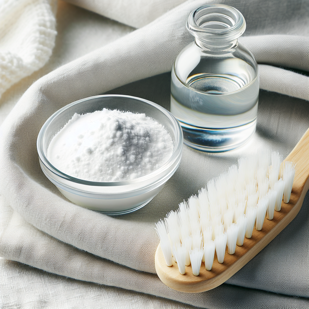 Un petit bol avec un mélange de bicarbonate de soude et de vinaigre blanc, une brosse douce et un morceau de tissu avec une tache de rouille en cours de nettoyage.
