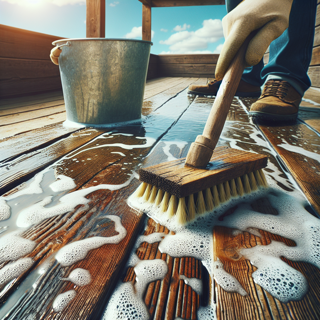 Une terrasse en bois ternie qui est frottée avec une brosse et un seau d'eau mélangé à du bicarbonate de soude à proximité, redonnant de l'éclat au bois.