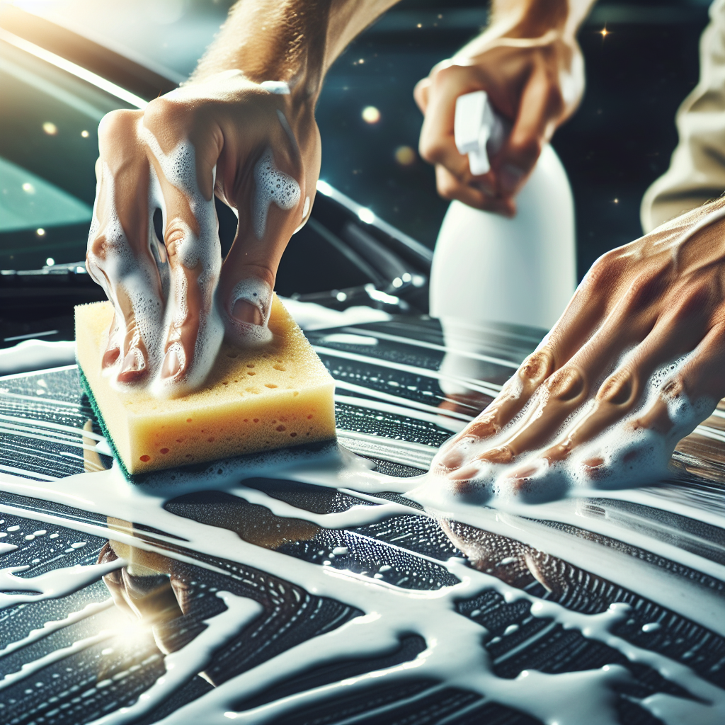 Des mains appliquant une pâte de bicarbonate de soude sur des taches tenaces sur une voiture avec une éponge.