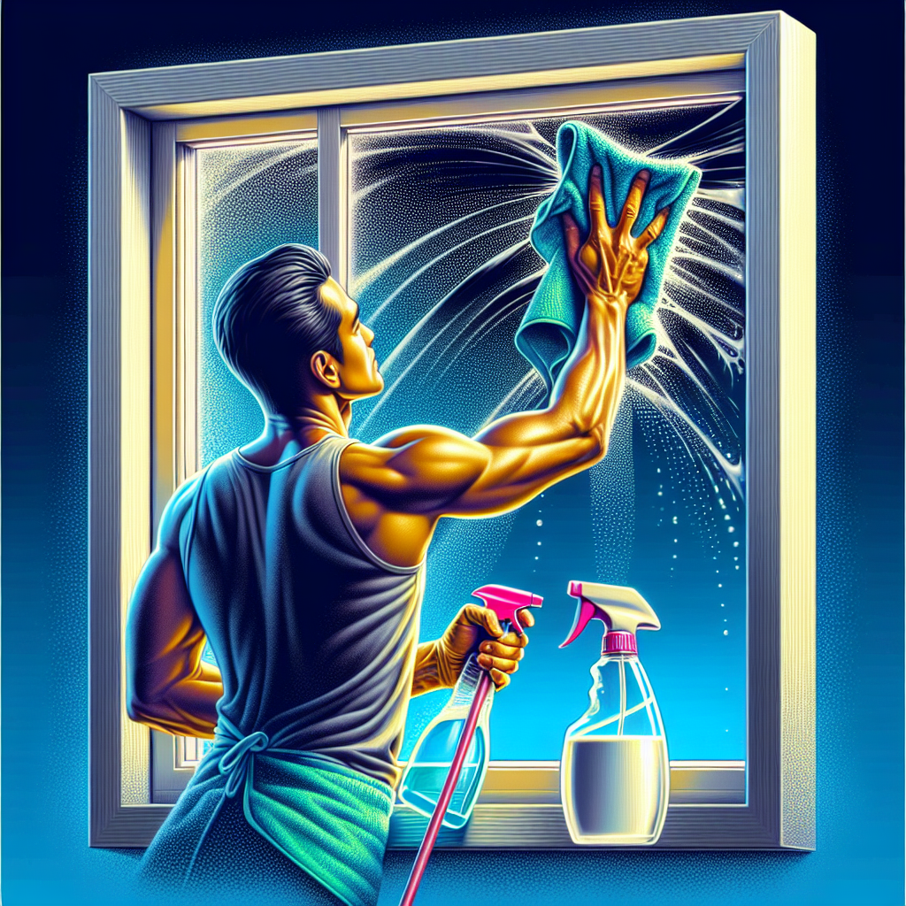 Une fenêtre propre et lumineuse sans traces, qui est nettoyée avec un vaporisateur et un chiffon en microfibres. Une bouteille contenant un liquide blanc, représentant du vinaigre, est visible. La scène reflète le nettoyage efficace des fenêtres et des miroirs.