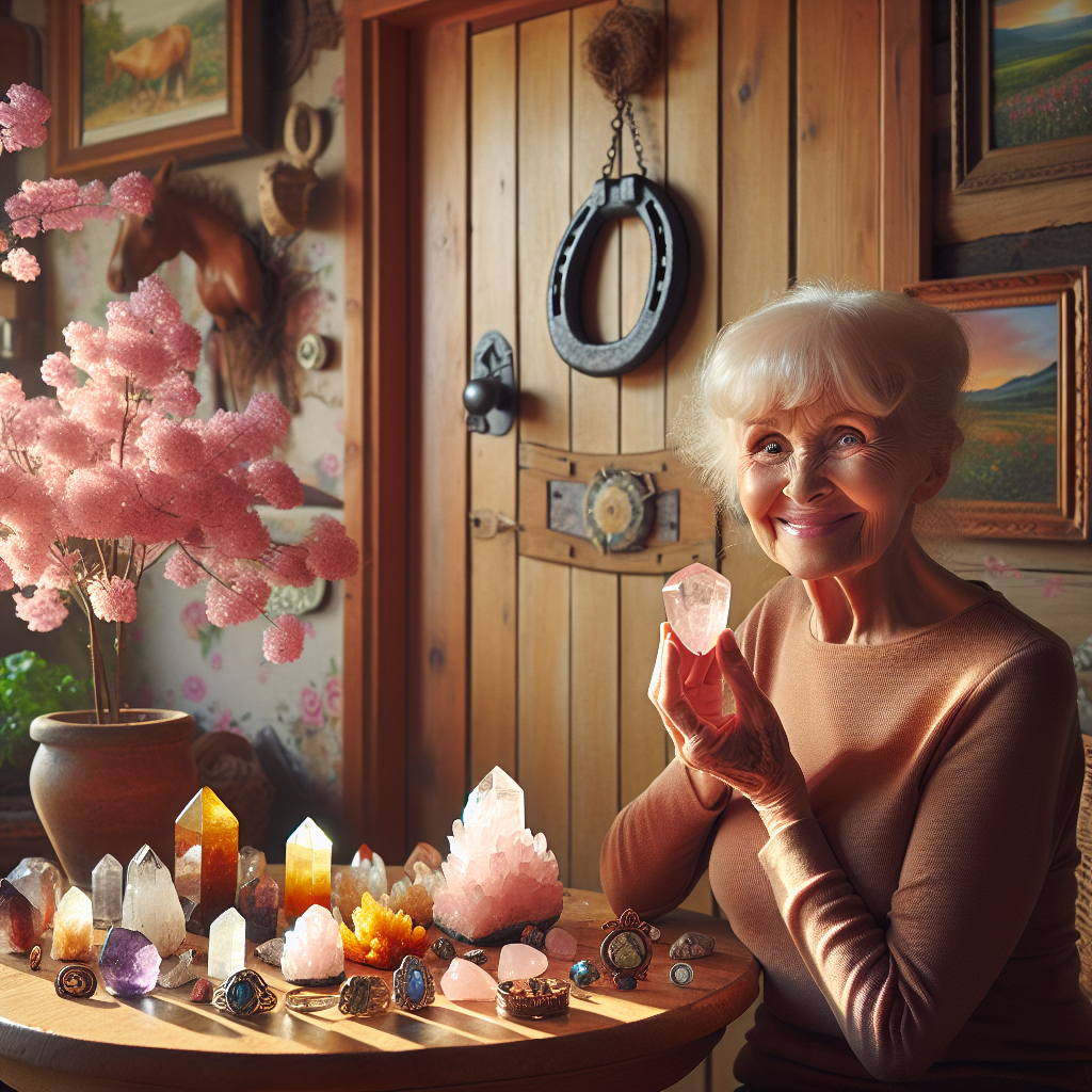 Un salon charmant avec un fer à cheval suspendu au-dessus de la porte, des cristaux comme le quartz rose et la citrine sur une table et portés en bijoux, et une femme âgée avec une expression heureuse tenant un petit quartz.