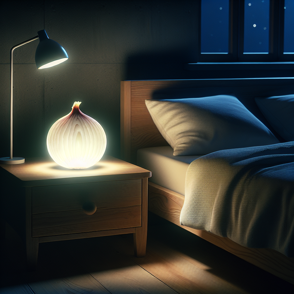 Un oignon coupé placé sur une table de nuit à côté d'un lit la nuit, émettant une lueur subtile symbolisant ses composés bénéfiques.