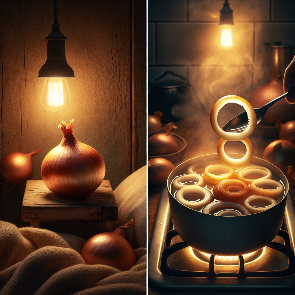 Oignon coupé en deux sur une table de nuit et des rondelles d'oignon infusées dans de l'eau chaude, suggérant un remède maison pour dégager les voies respiratoires.