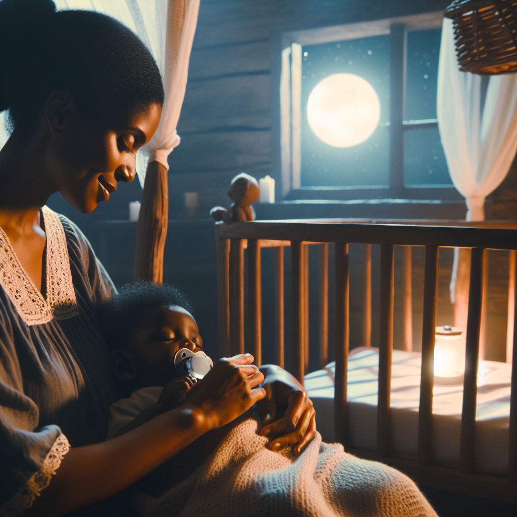 Un parent apaisant un bébé la nuit, avec une tétine ou un biberon d'eau, sous une lumière douce filtrant dans la chambre