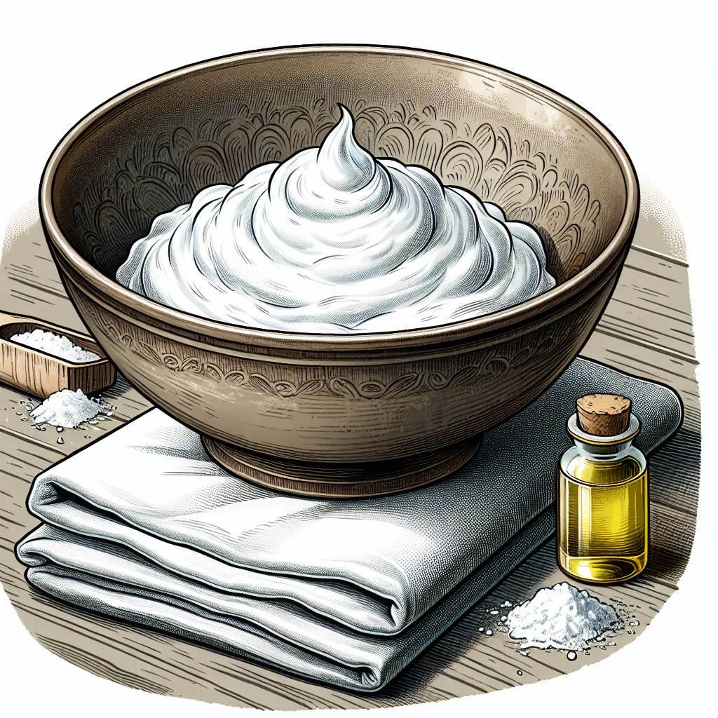 Un bol contenant un mélange de bicarbonate de soude et d'huile d'olive, avec un chiffon à côté, prêt à nettoyer.